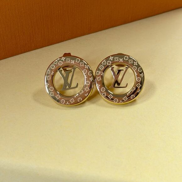 Genuine 18K Gold Plated 1/2 Inch LV Earrings Louis Designer Stamped - Picture 3 of 5